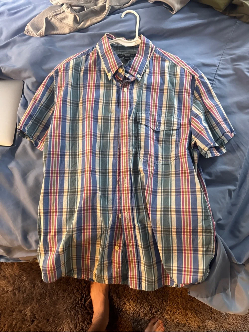Banana Republic Men's Short-Sleeve Plaid Button-Down Shirt - Blue, Red, White